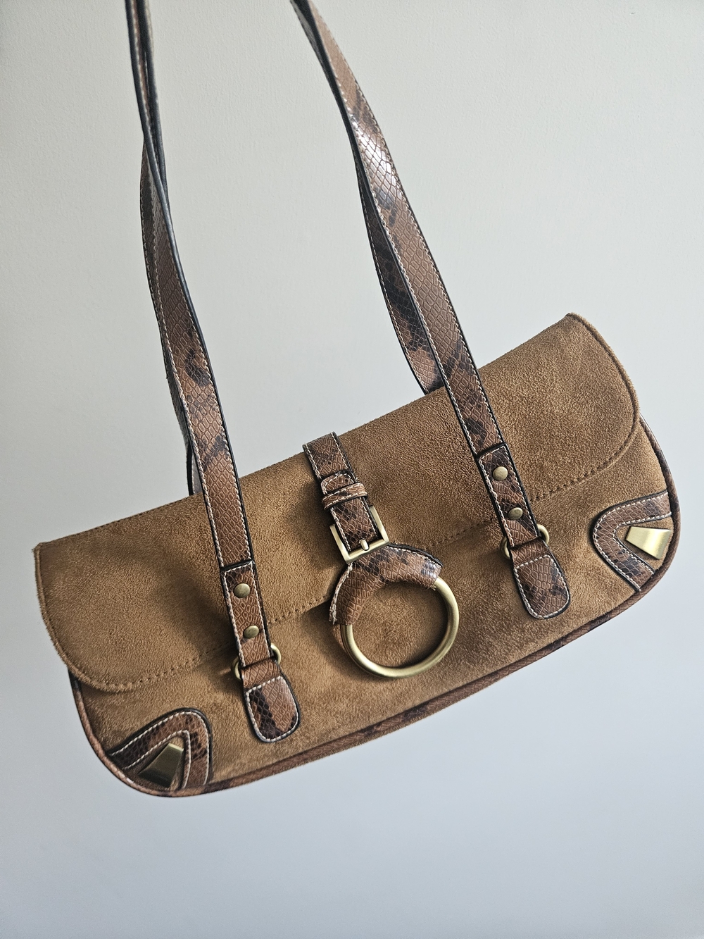 Vintage Brown Suede Shoulder Bag with Snake-Print Trim - Picture 3 of 3